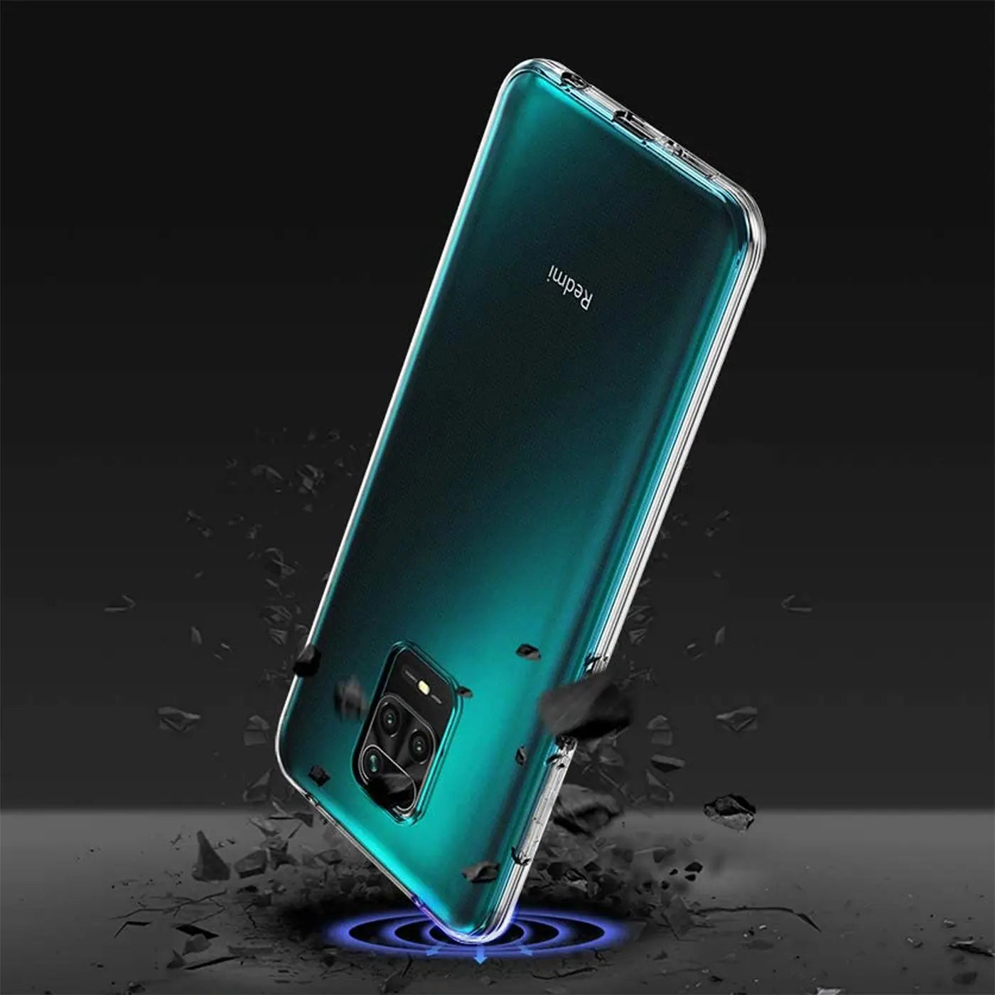 Klar, durchsichtiges Handyhülle aus TPU, schräg von hinten, zeigt Xiaomi Redmi Note 9 Pro/9S.