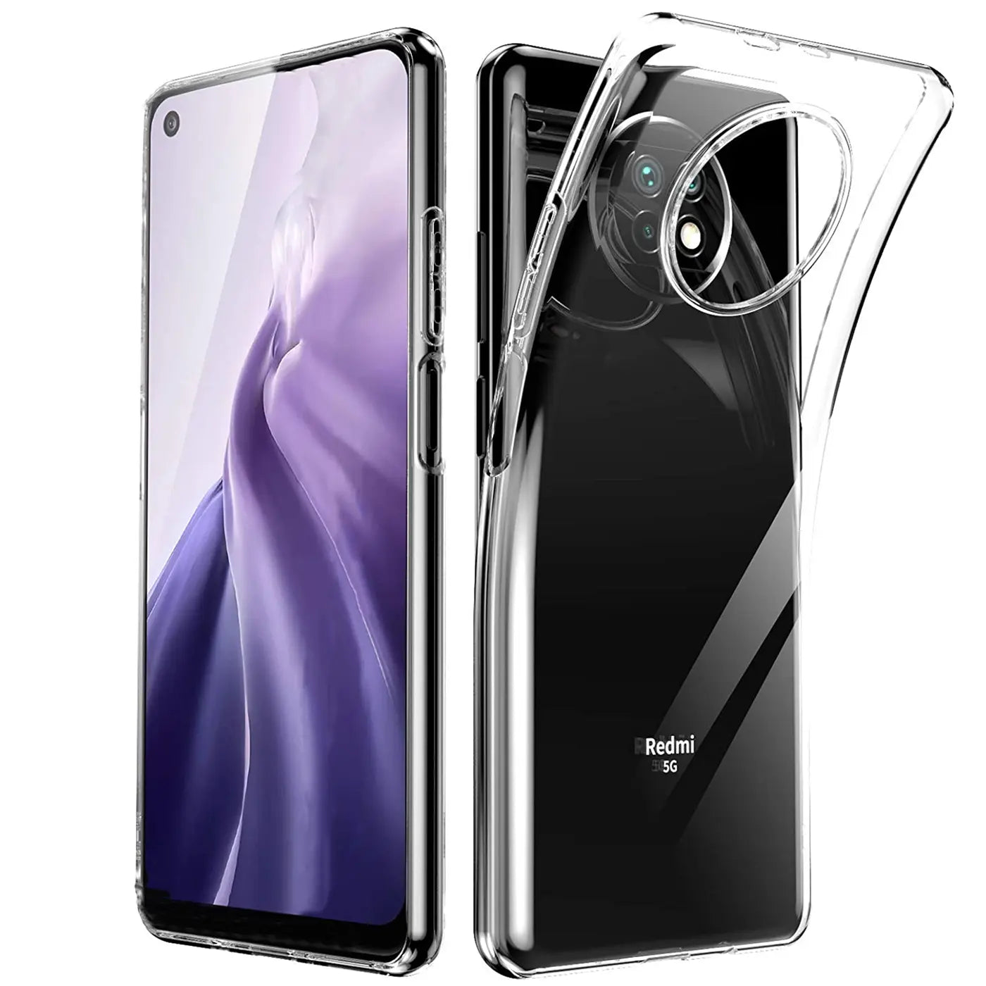 Klar, transparentes Handyhülle aus Kunststoff, Vorder- und Rückansicht, Xiaomi Redmi Note 9T.