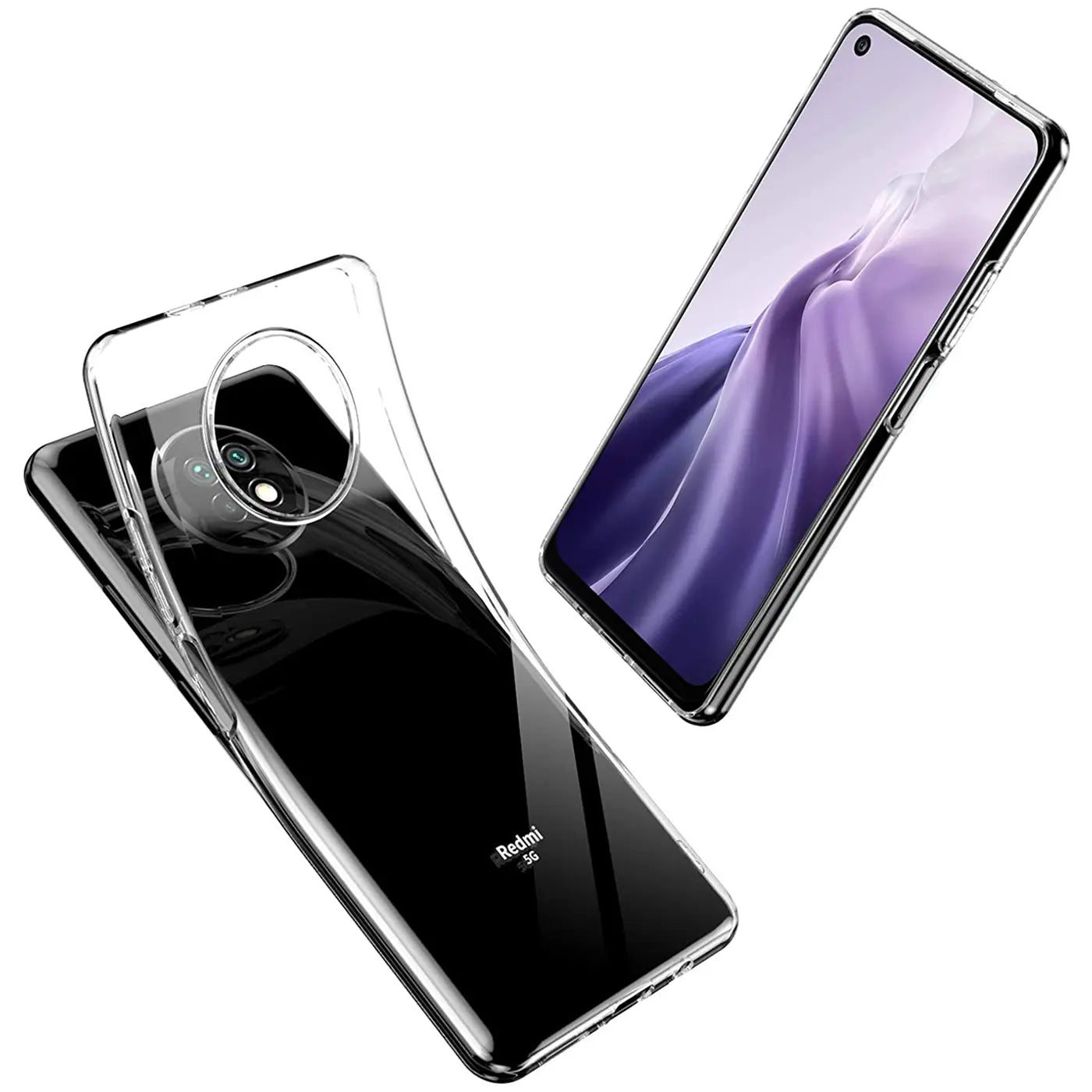 Klarhülle aus Silikon auf einem schwarzen Xiaomi Redmi Note 9T, von schräg oben fotografiert.