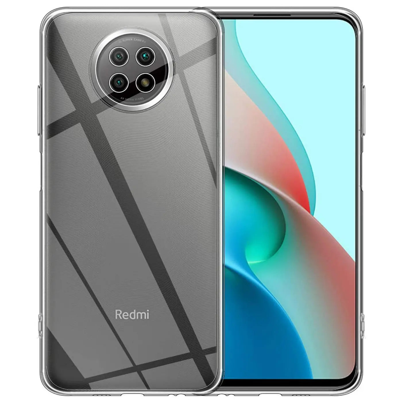 Klar, transparentes Handycase aus Silikon mit vier Kameras auf Xiaomi Redmi Note 9T.