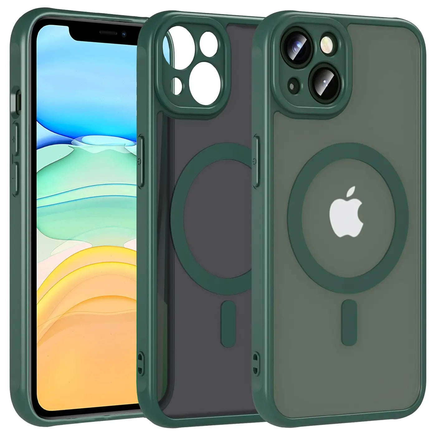 Drei grüne MagSafe-Hüllen für iPhone 11, aus Kunststoff, von vorne betrachtet.