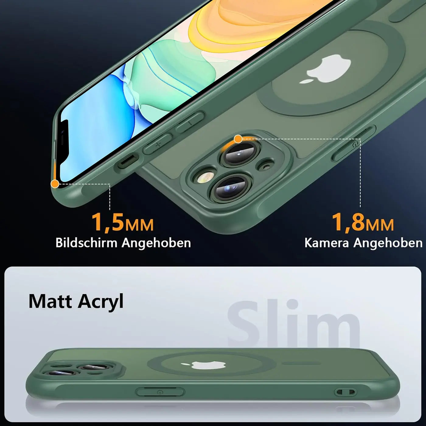Grüne MagSafe Hülle aus mattem Acryl für iPhone 11, Nahaufnahme, Seitenansicht.