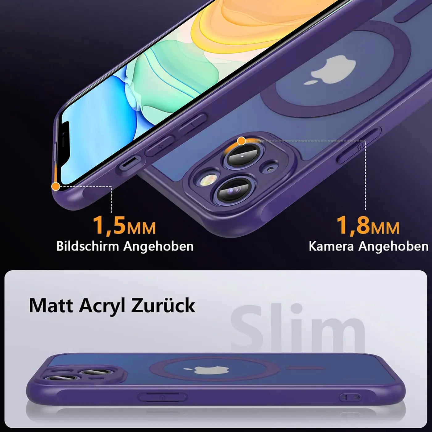Lila MagSafe Hülle aus Acryl für iPhone 11, Seitenansicht, Kameraschutz