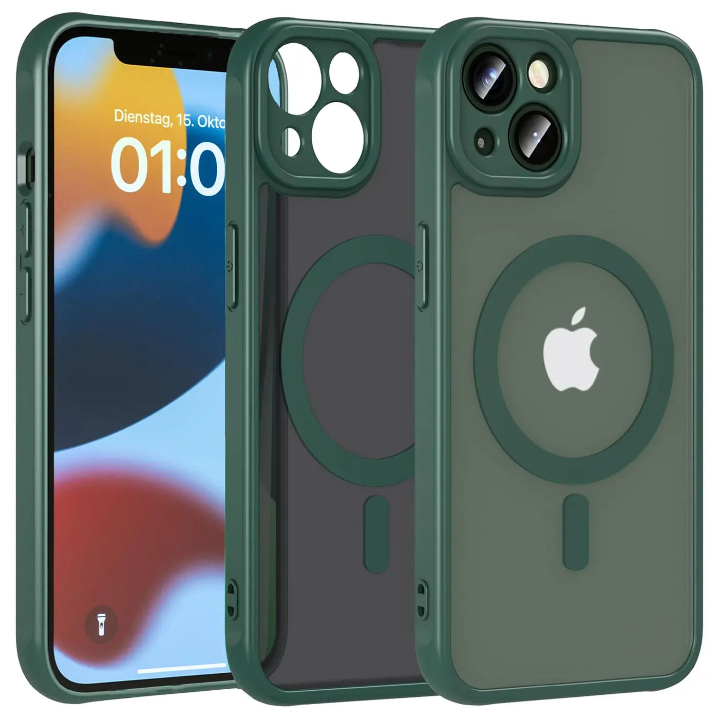 Drei grüne MagSafe-Hüllen für iPhone 12, von vorne, aus Kunststoff.
