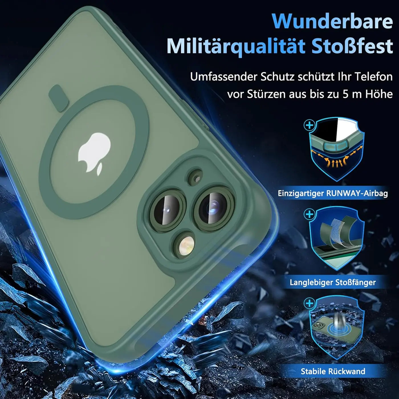 Grüne MagSafe Hülle aus Kunststoff für iPhone 12, Rückansicht, Kameraschutz.