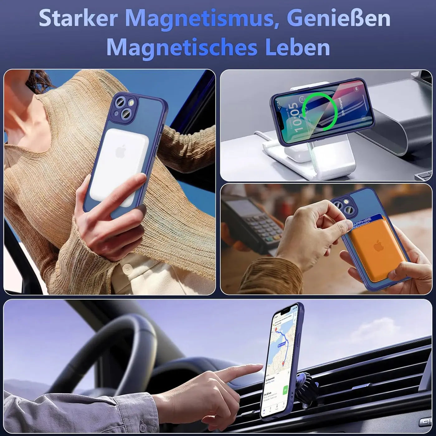 Blaue MagSafe-Hülle mit Kameraschutz, iPhone 12, gezeigt von vorne und hinten.