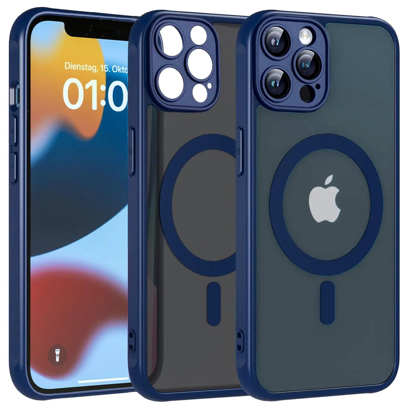 Drei dunkelblaue MagSafe Hüllen aus Kunststoff für iPhone 12 Pro, Rückansicht.