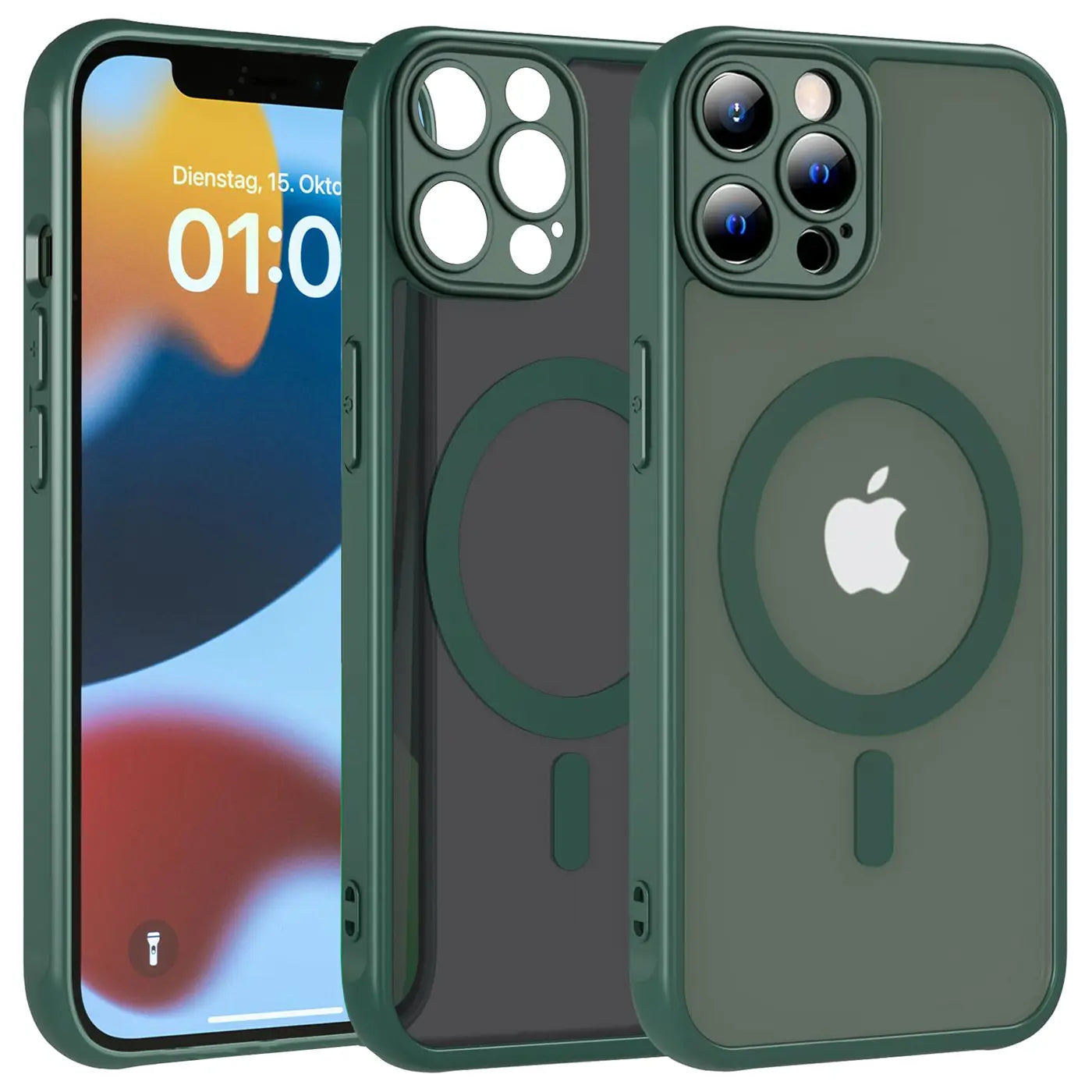 Grüne MagSafe Hüllen aus Kunststoff für iPhone 12 Pro, von vorne/seitlich, mit Kameraschutz.