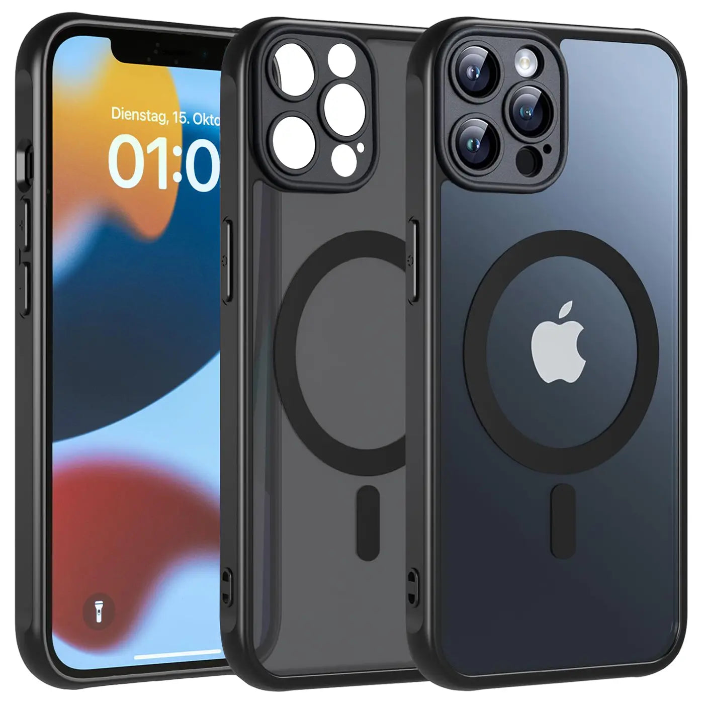 Drei iPhone 12 Pro Hüllen, schwarz, transparent, MagSafe, Kameraschutz.