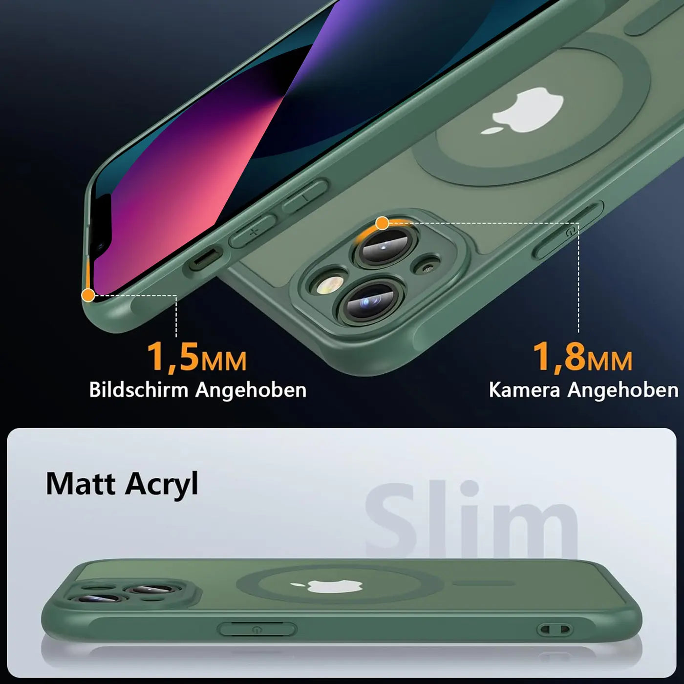 Grüne MagSafe Hülle aus Matt Acryl für iPhone 13, Nahaufnahme, Kameraschutz