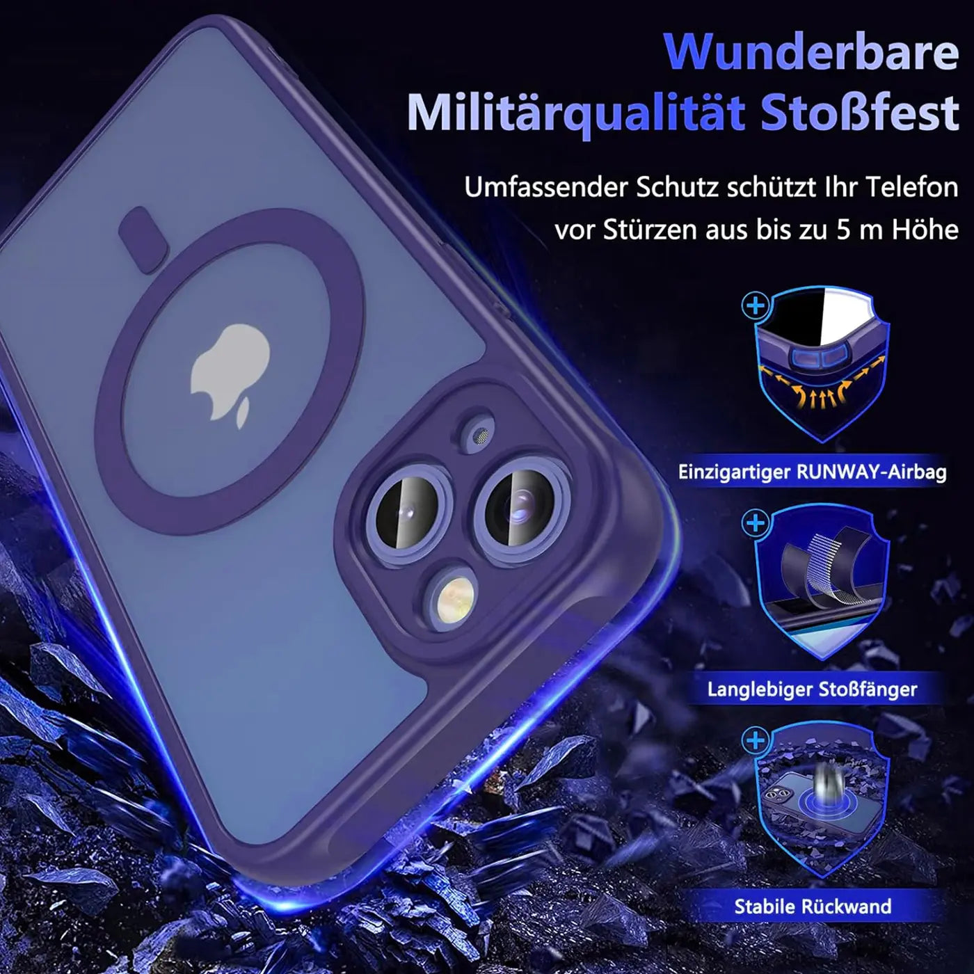 Lila MagSafe Hülle mit Kameraschutz für iPhone 13, von vorne links, transparentes Material.