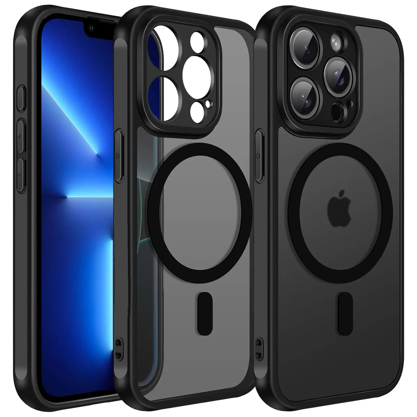 iPhone 13 Pro Max mit schwarzer MagSafe Hülle, transparent, Kameraschutz, von vorne links
