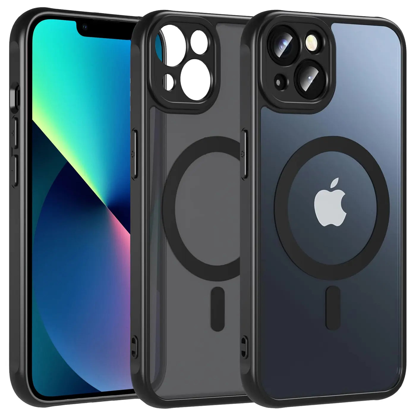 iPhone 13 mit MagSafe Hülle, transparent/dunkelblau, Kunststoff, Vorderansicht.