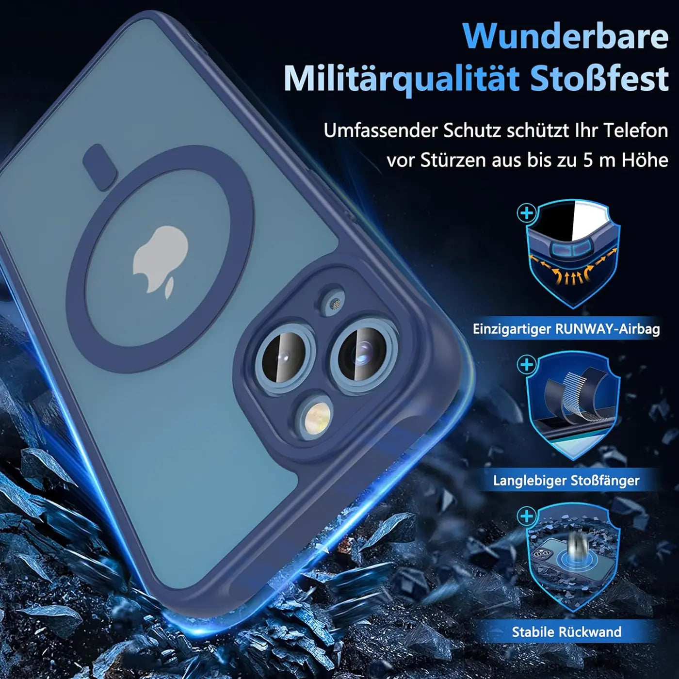 Blaue MagSafe Hülle aus Kunststoff mit Kameraschutz für iPhone 14, von schräg oben