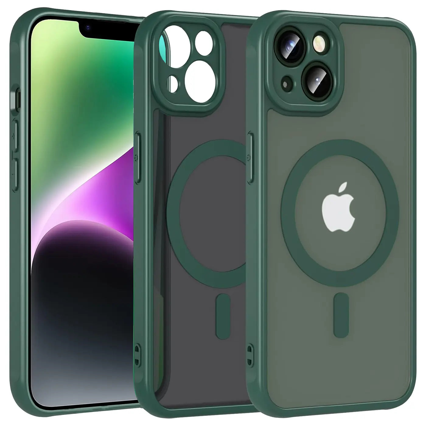 Grüne MagSafe Hülle mit Kameraschutz für iPhone 14, von vorne links, transparentes Material.