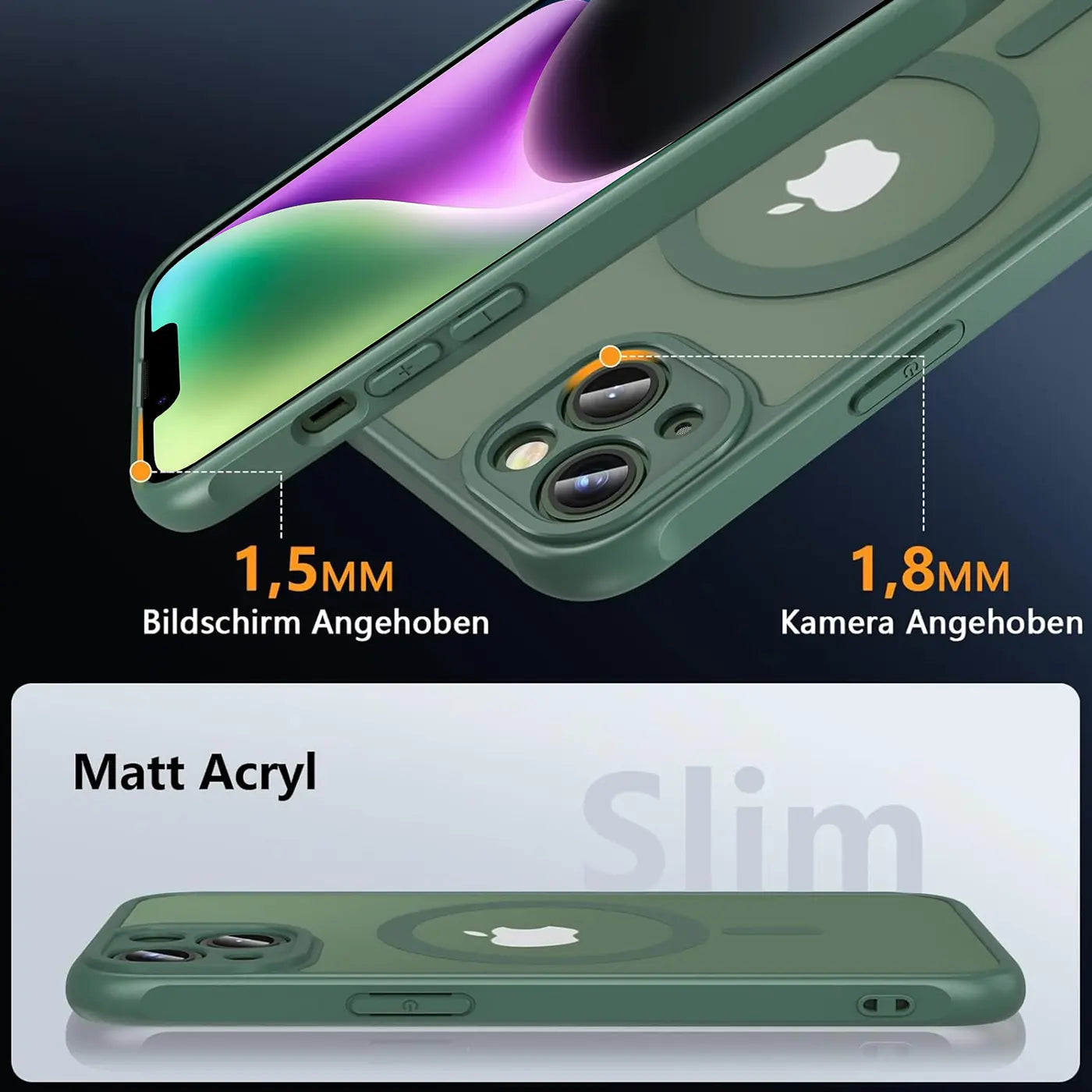 Grüne MagSafe Hülle aus Matt Acryl für iPhone 14, von schräg oben, mit Kameraschutz.