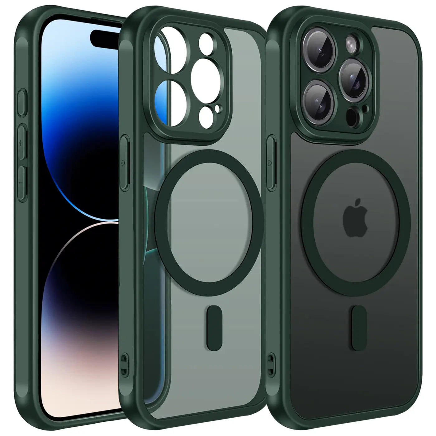 iPhone 14 Pro Max Hülle, dunkelgrün, transparent, MagSafe, Kameraschutz, von vorne