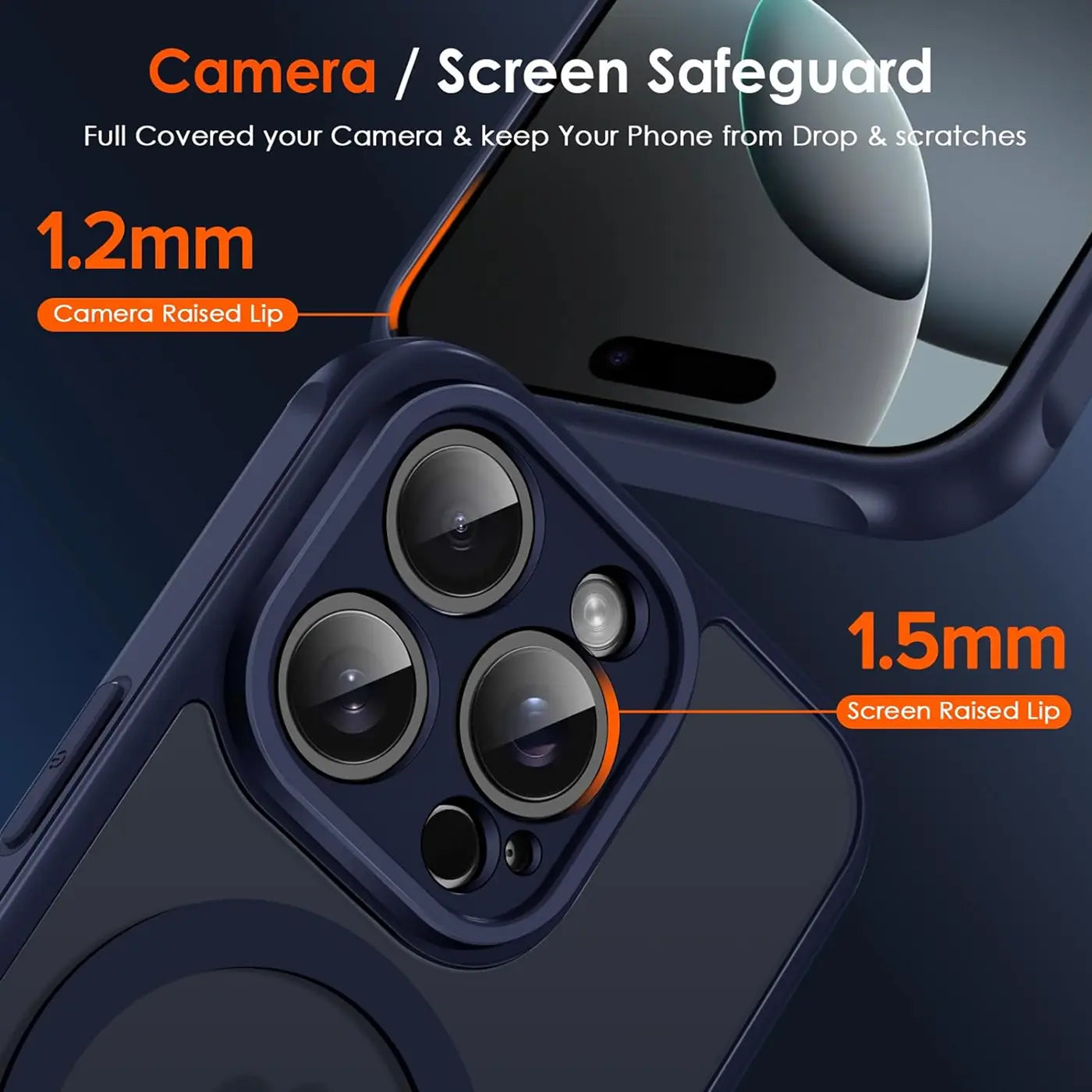 Dunkelblaue Hülle aus Kunststoff mit Kameraschutz für iPhone 14 Pro Max, Nahaufnahme
