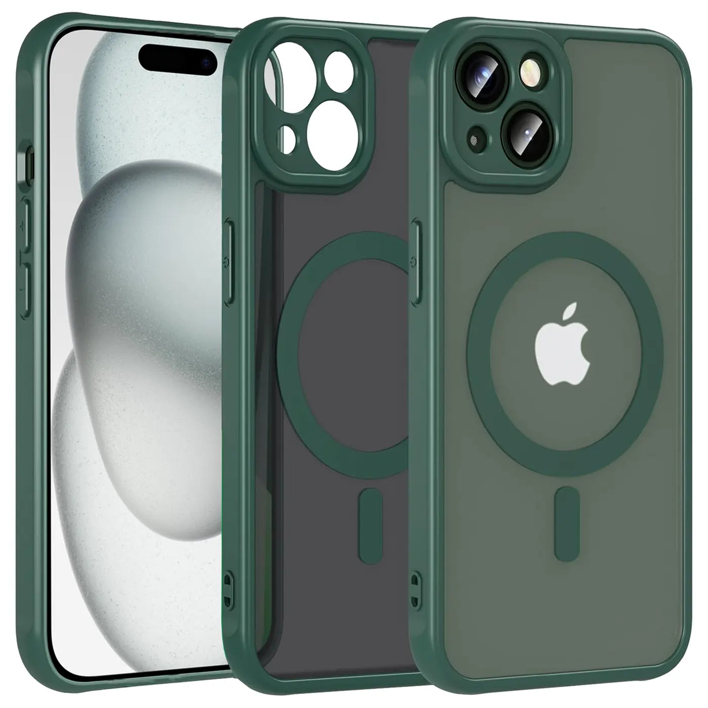 Drei grüne MagSafe-Hüllen für iPhone 15, von vorne, mit Kameraschutz.