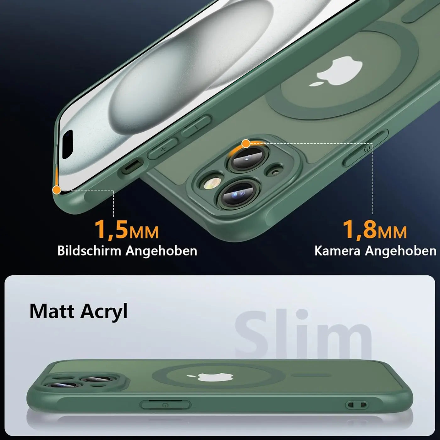 Grüne MagSafe Hülle aus Matt Acryl für iPhone 15, Nahaufnahme, Kameraschutz