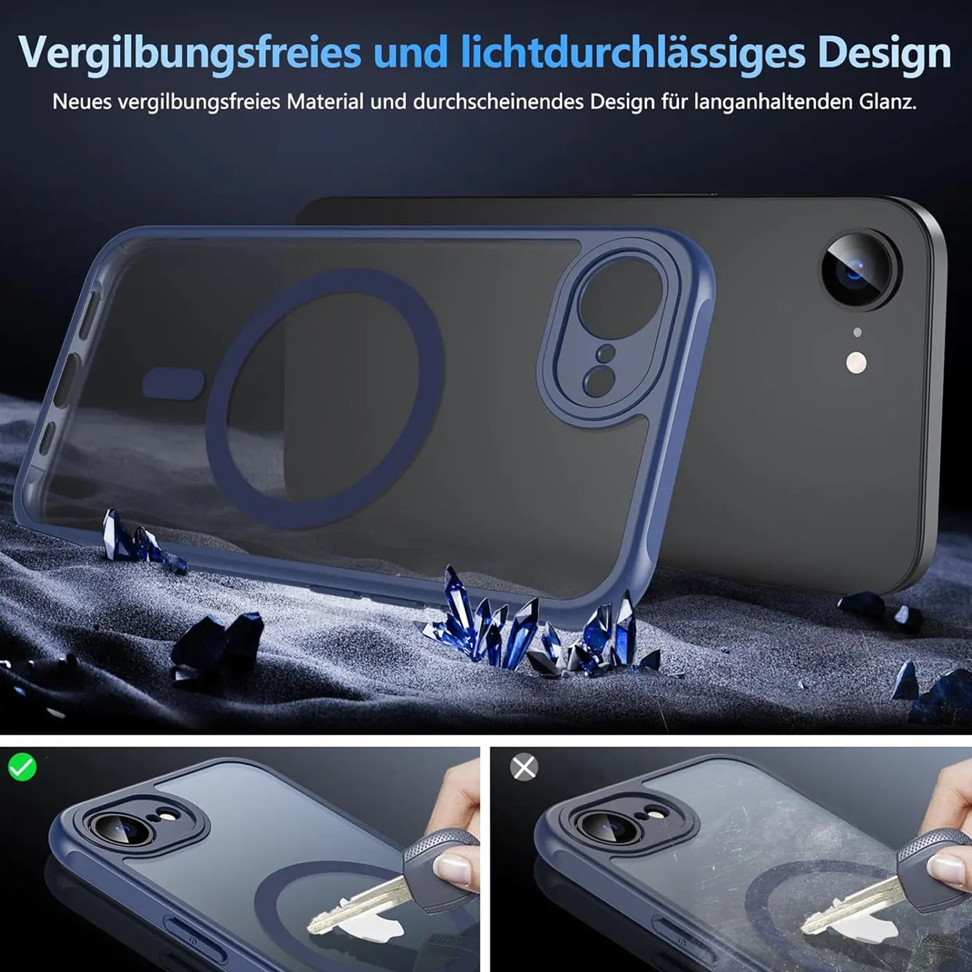 Transparente MagSafe Hülle, dunkelblau, mit Kameraschutz, seitliche Ansicht, iPhone 16