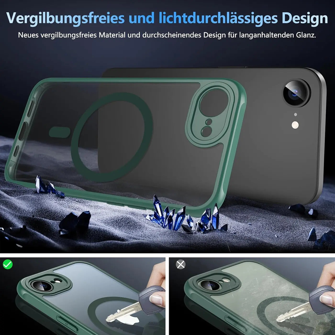 Grüne MagSafe Hülle, transparent, von hinten, iPhone 16 erkennbar.
