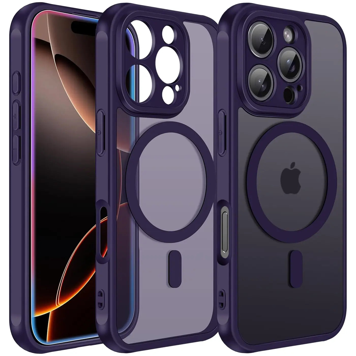 Dunkelviolette MagSafe Hülle aus Kunststoff/TPU, Vorder- und Rückansicht, iPhone 16 Pro Max.