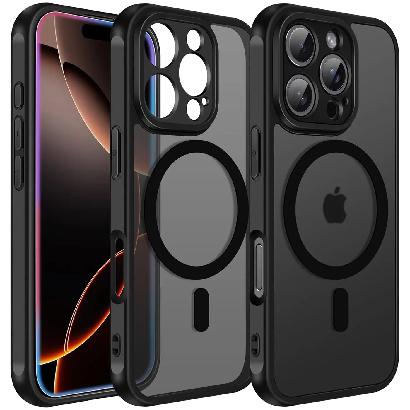 Schwarze MagSafe Hülle aus Kunststoff/TPU für iPhone 16 Pro, Vorder- und Rückansicht.
