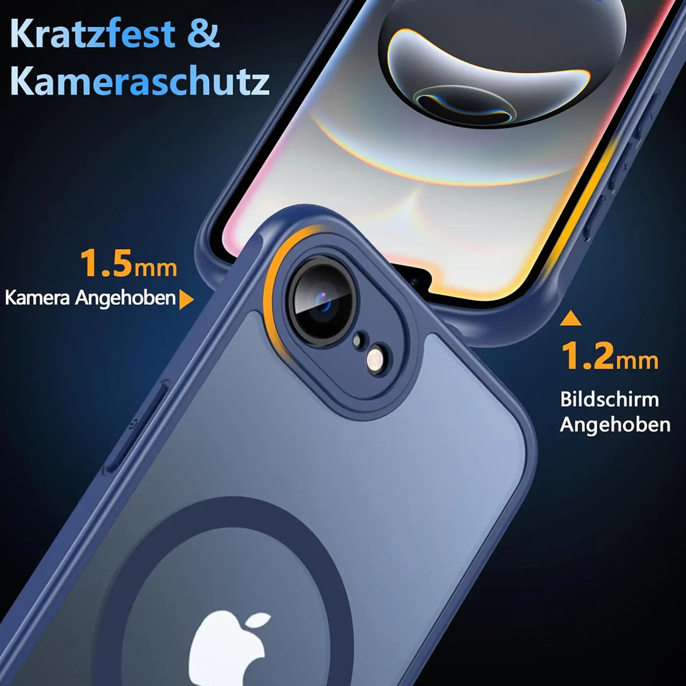Dunkelblaue MagSafe Hülle aus Kunststoff mit Kameraschutz, Nahaufnahme, iPhone 16e erkennbar.