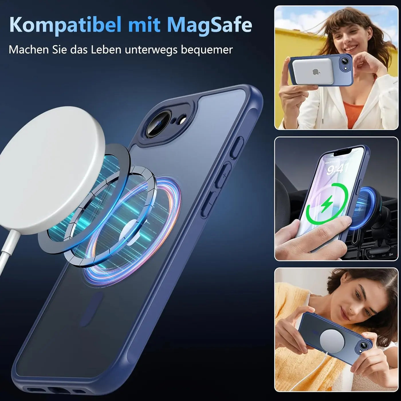 Dunkelblaue MagSafe Hülle aus Kunststoff, Nahaufnahme, zeigt iPhone 16e mit Kameraschutz.