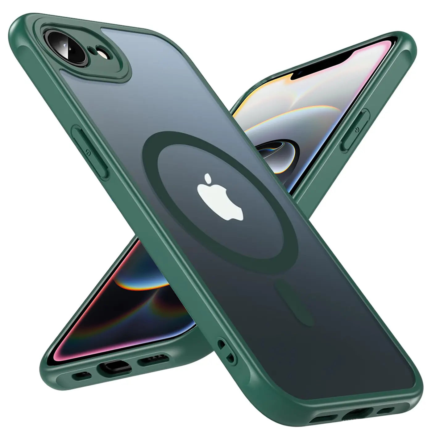 Grüne MagSafe Hülle mit Kameraschutz, transparent, iPhone 16e, von schräg oben