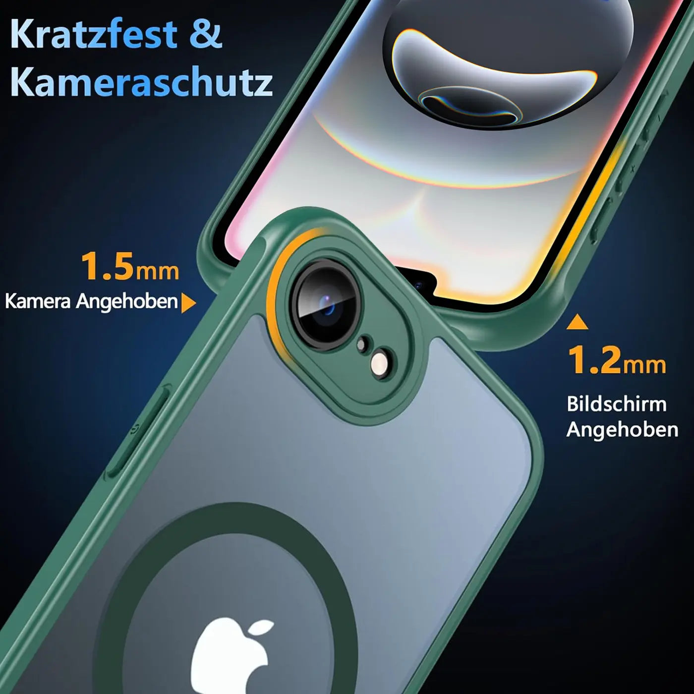 Grüne MagSafe Hülle aus Kunststoff, Nahaufnahme, iPhone 16e mit Kameraschutz