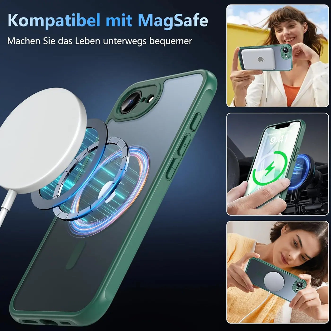 Grüne MagSafe Hülle, transparent, mit Kameraschutz, Nahaufnahme, iPhone 16e.