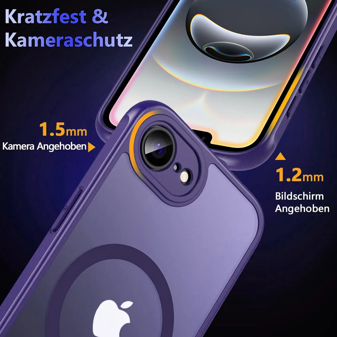 Lila MagSafe Hülle aus Kunststoff, von schräg oben, zeigt iPhone mit Kameraschutz.