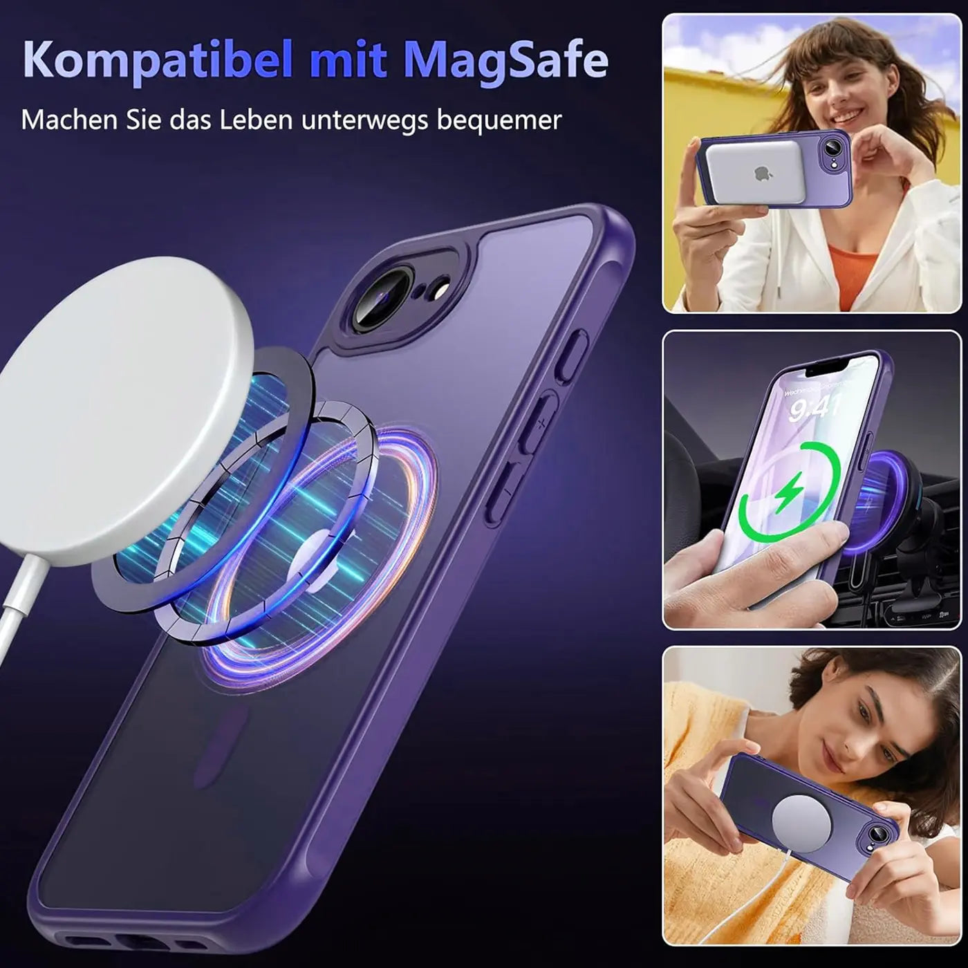 Lila MagSafe Hülle für iPhone, Nahaufnahme, zeigt Magnetring und Kameraschutz.