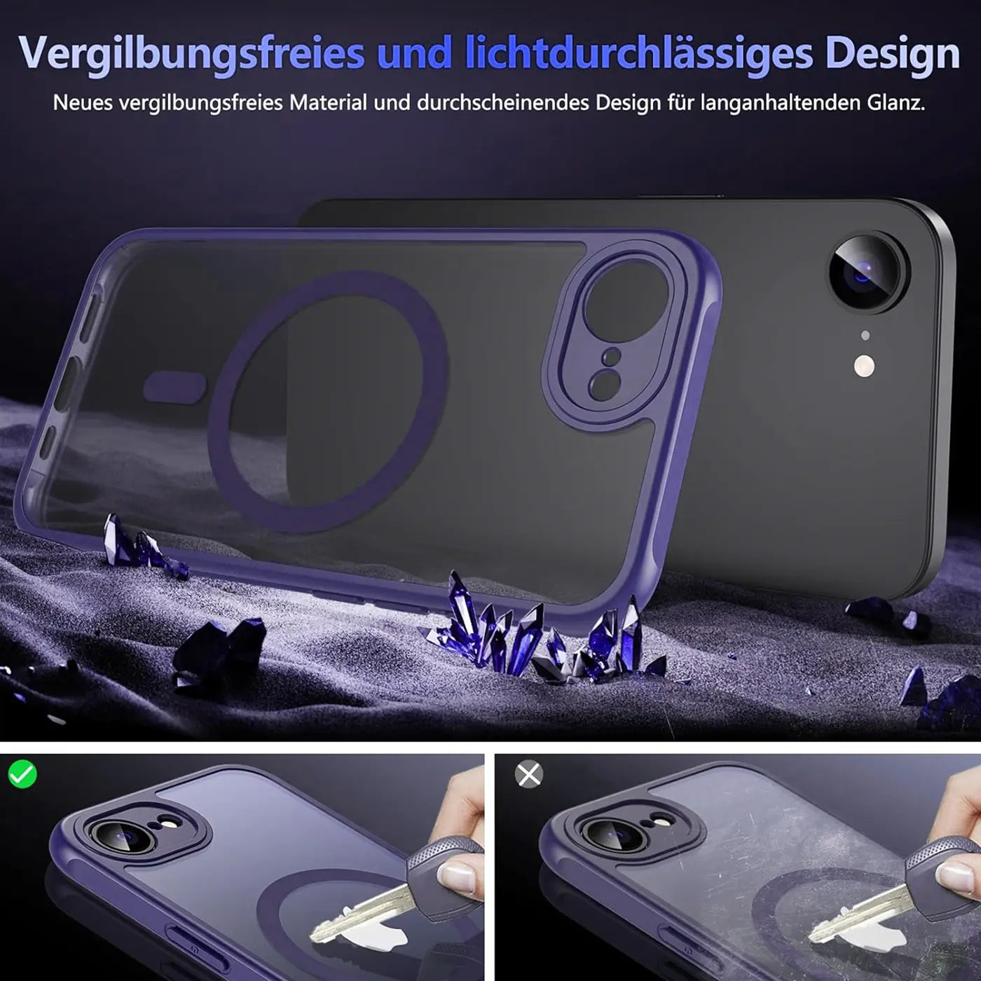 Transparente MagSafe Hülle, lila Rand, auf iPhone, von hinten, mit Kameraschutz.