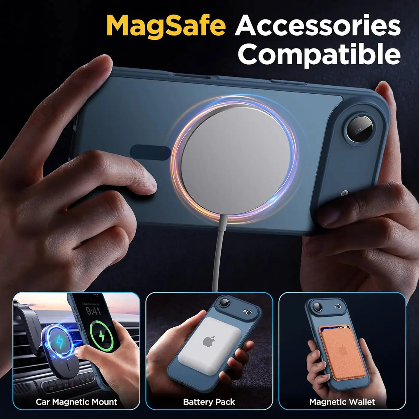 Blaue MagSafe-Hülle mit Kameraschutz, zeigt iPhone mit Ladekabel, seitliche Ansicht.
