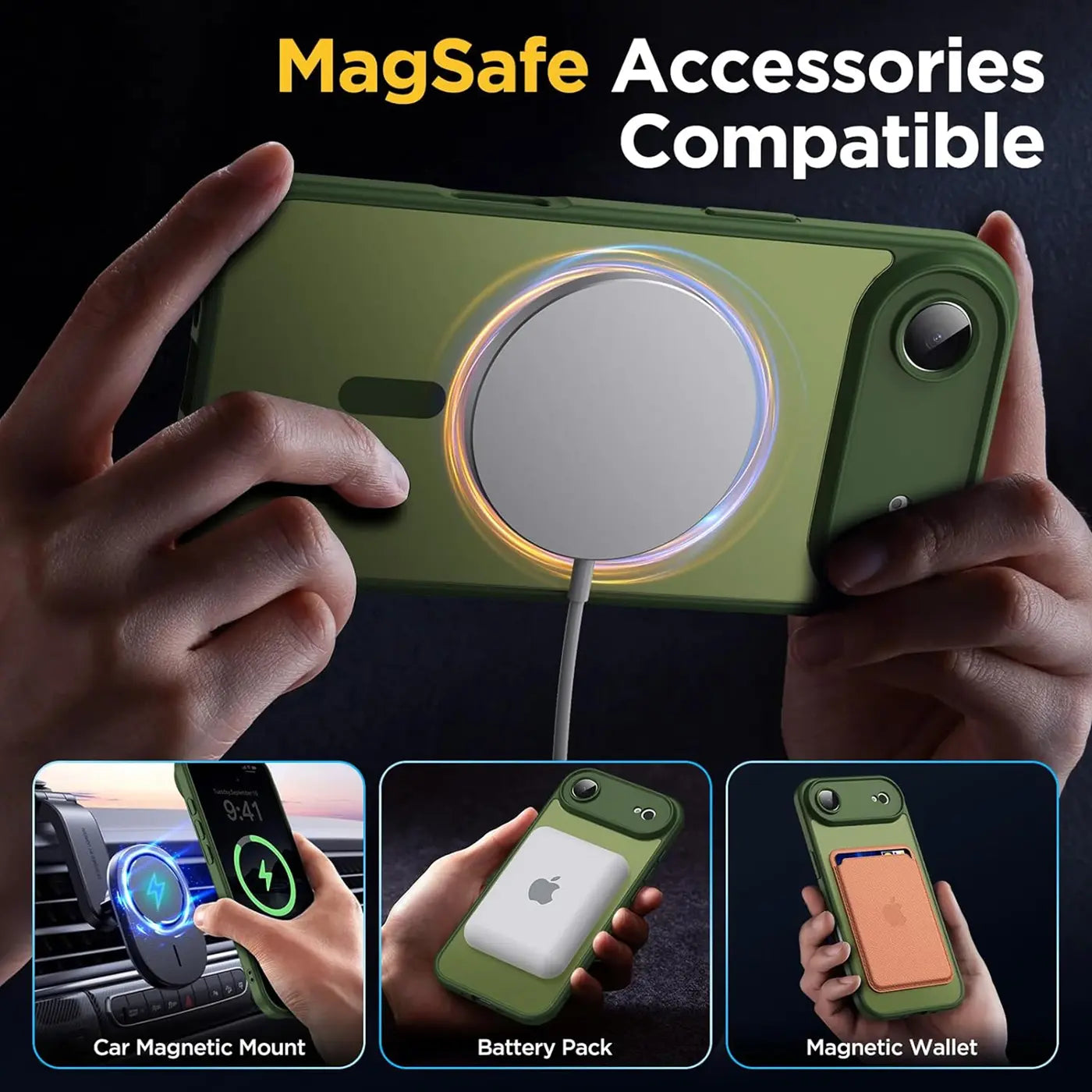 Grüne MagSafe-Hülle mit Kameraschutz, iPhone, Rückansicht, mit MagSafe-Ladegerät verbunden.