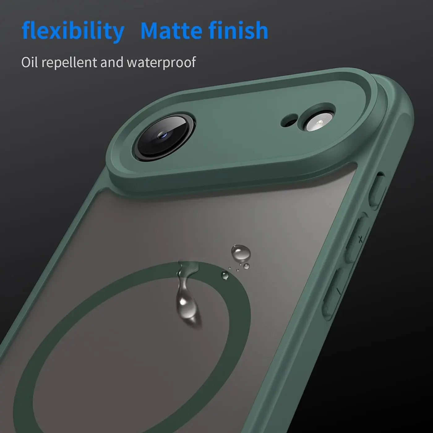 Grüne MagSafe Hülle mit Kameraschutz, mattes Finish, auf iPhone 17 Air, von oben links