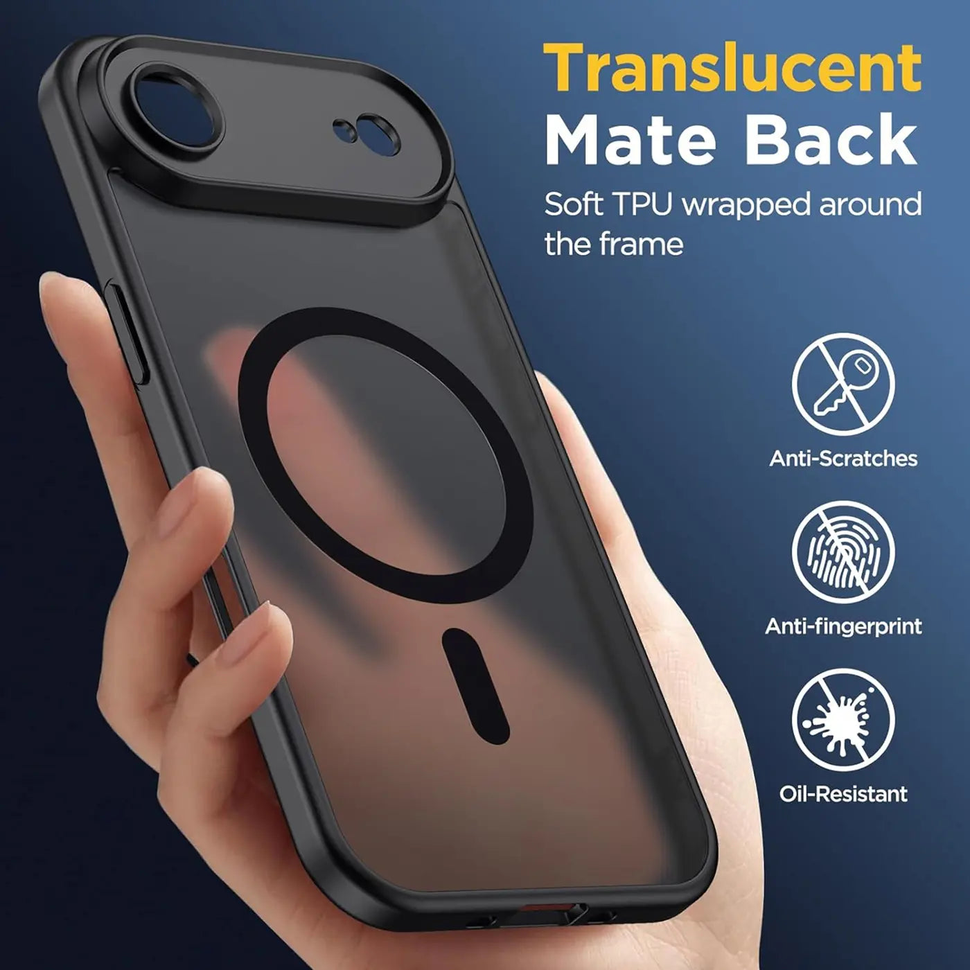 Dunkelgraue, matte TPU-Hülle mit MagSafe-Ring, von vorne links gehalten.