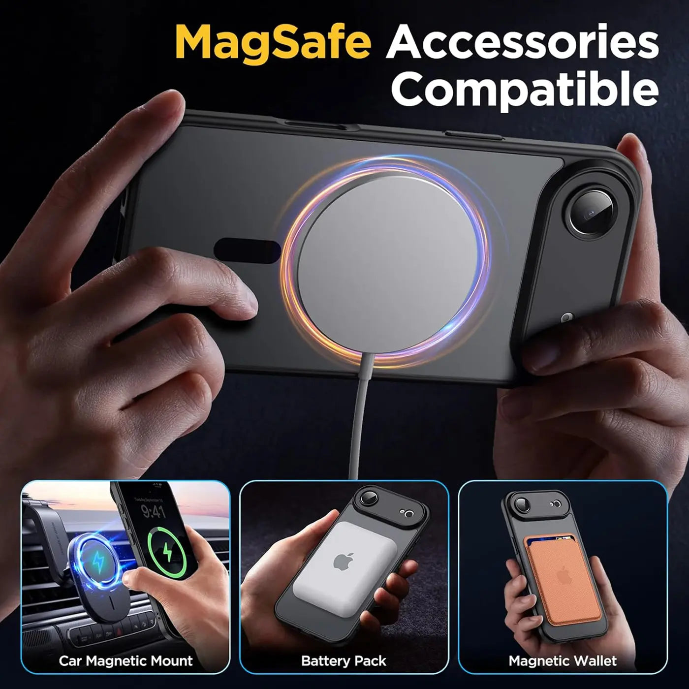 Schwarze MagSafe-Hülle mit Kameraschutz, zeigt magnetisches Zubehör. iPhone 17 Air.