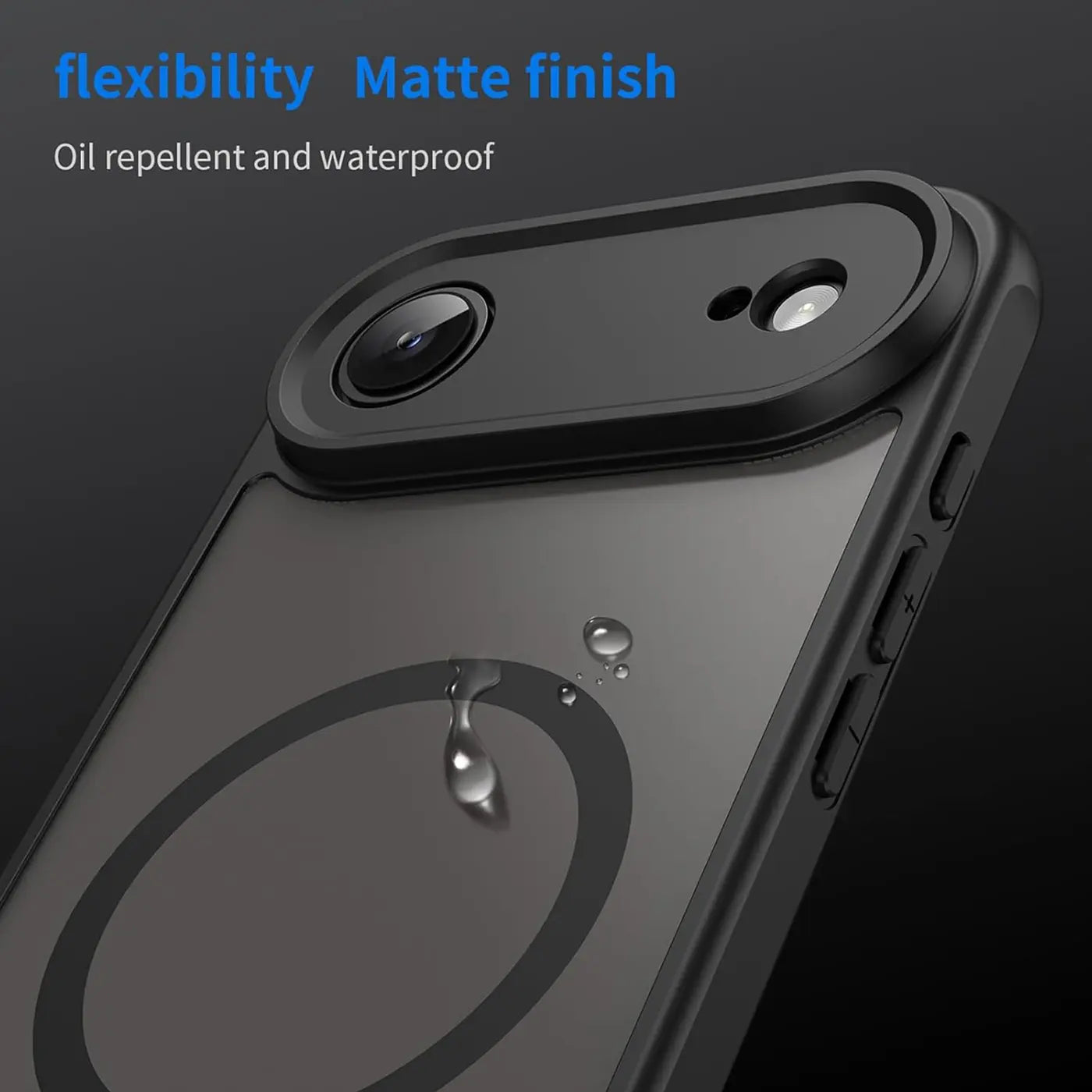 Schwarze MagSafe Hülle mit Kameraschutz, von oben rechts, auf iPhone 17 Air.