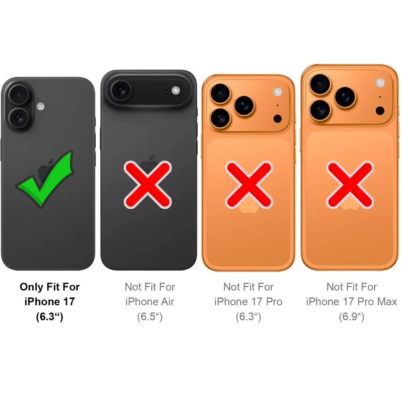 Vier iPhone-Rückseiten: Schwarz mit Häkchen, Schwarz mit Kreuz, Orange mit Kreuz, Orange mit Kreuz.