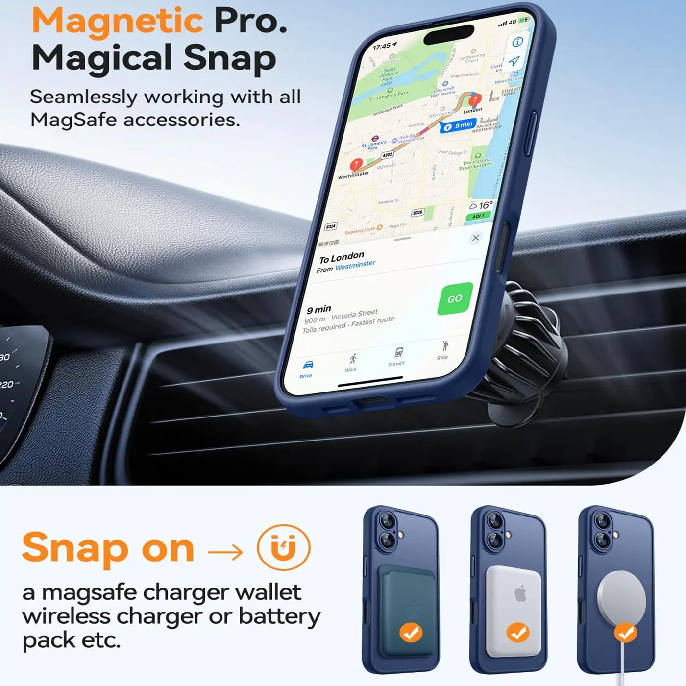 Dunkelblaue MagSafe Hülle mit Kameraschutz an einem iPhone im Auto, von vorne.