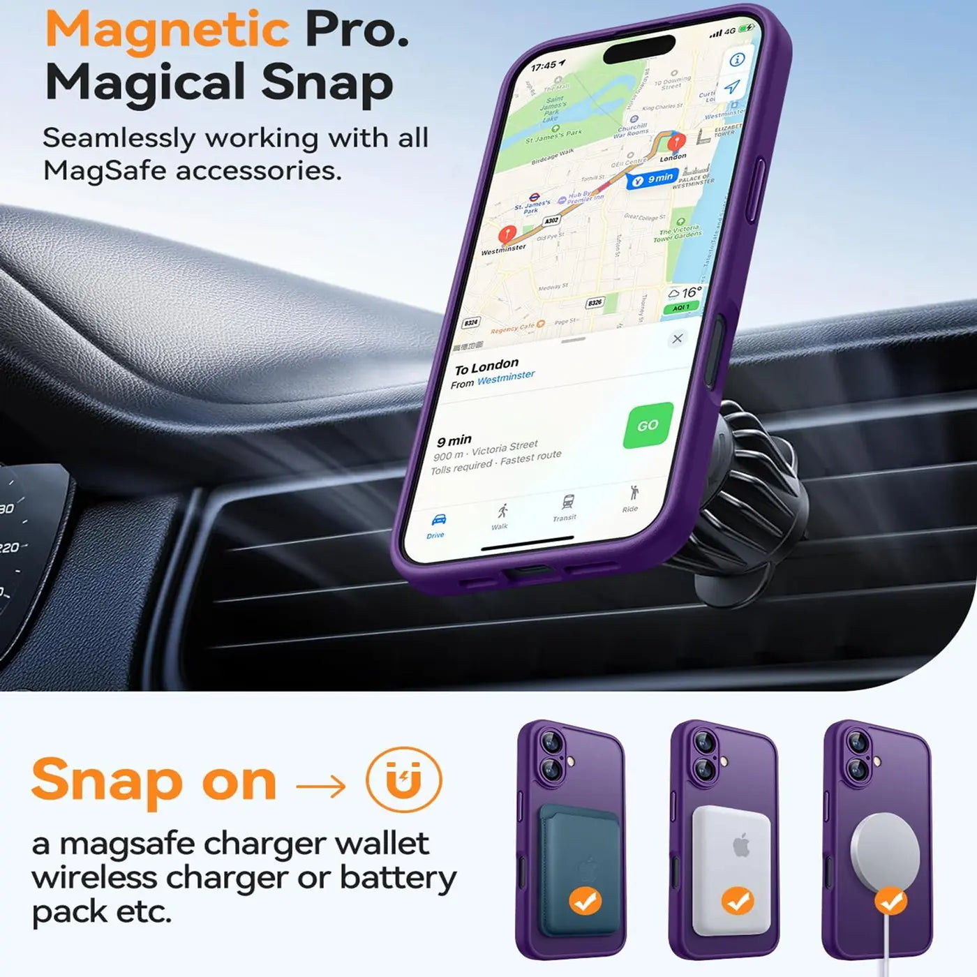 Lila MagSafe Hülle mit Kameraschutz an iPhone im Auto, von vorne.