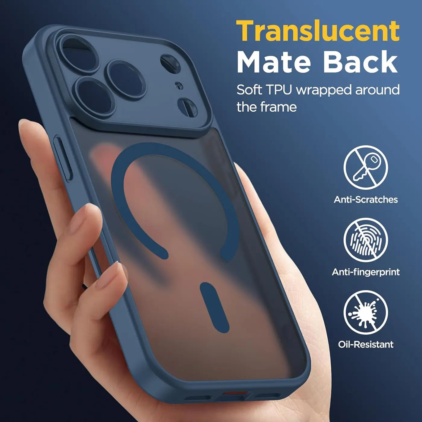 Dunkelblaue, matte TPU-Hülle mit MagSafe-Ring, seitlich von Hand gehalten, iPhone 17 Pro.