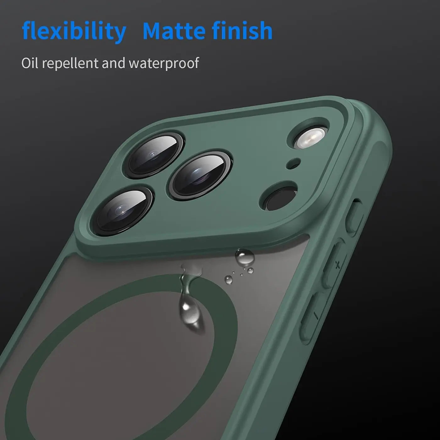 Dunkelgrüne MagSafe-Hülle mit Kameraschutz, Rückansicht, iPhone 17 Pro, mattes Finish.