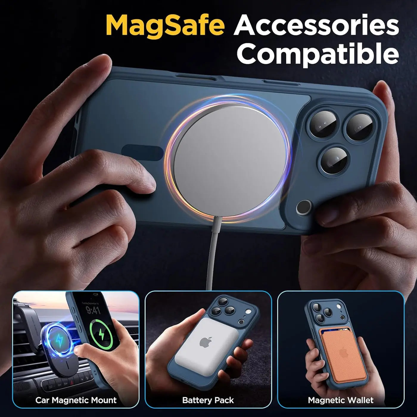 Blaue MagSafe Hülle mit Kameraschutz, zeigt iPhone 17 Pro Max mit Zubehör.