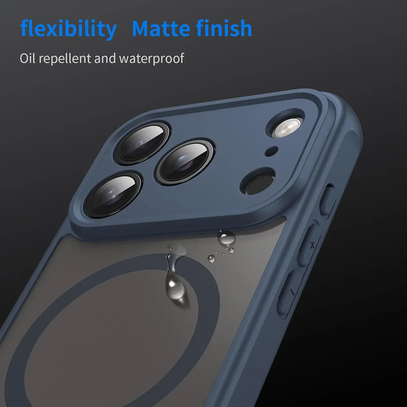Dunkelblaue MagSafe Hülle mit Kameraschutz, aus Kunststoff, Nahaufnahme, iPhone 17 Pro Max.