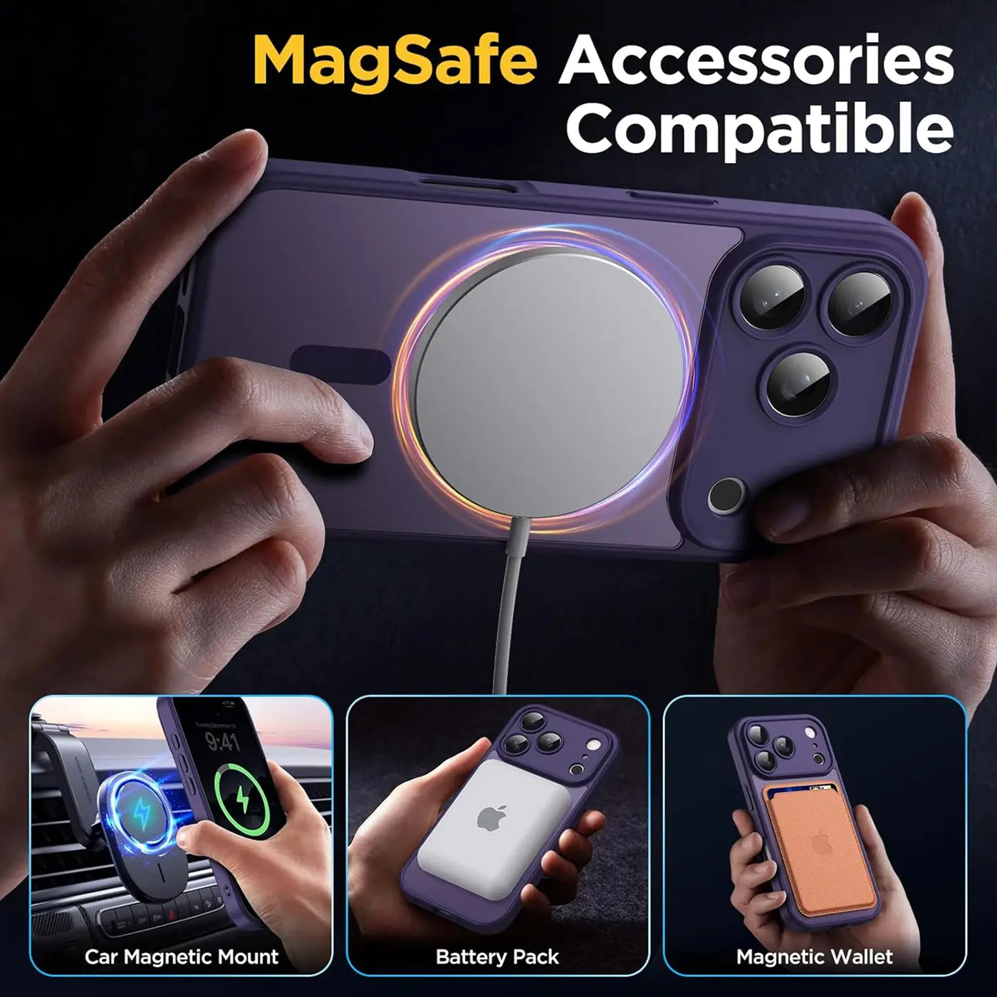Lila MagSafe Hülle mit Kameraschutz, zeigt iPhone 17 Pro Max, Nahaufnahme.